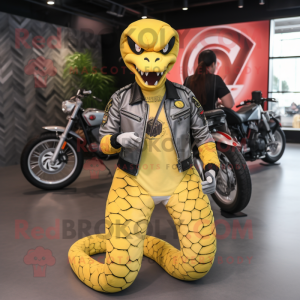 Lemon Yellow Python mascot costume character dressed with a Biker Jacket and Keychains