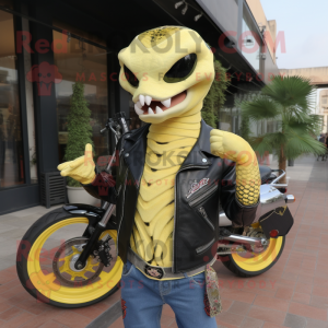 Lemon Yellow Python mascot costume character dressed with a Biker Jacket and Keychains