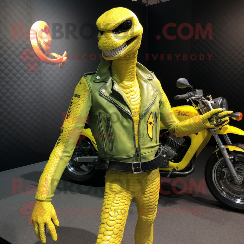 Lemon Yellow Python mascot costume character dressed with a Biker Jacket and Keychains