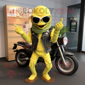 Lemon Yellow Python mascot costume character dressed with a Biker Jacket and Keychains