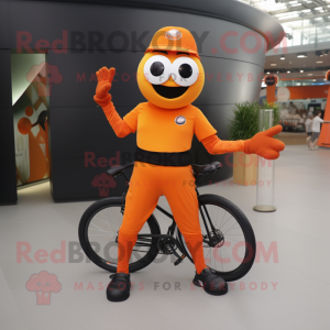 Orange Unicyclist mascot costume character dressed with a Running Shorts and Gloves