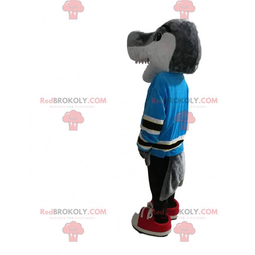 Mascot tiburón gris con una camiseta azul. Disfraz de tiburon -