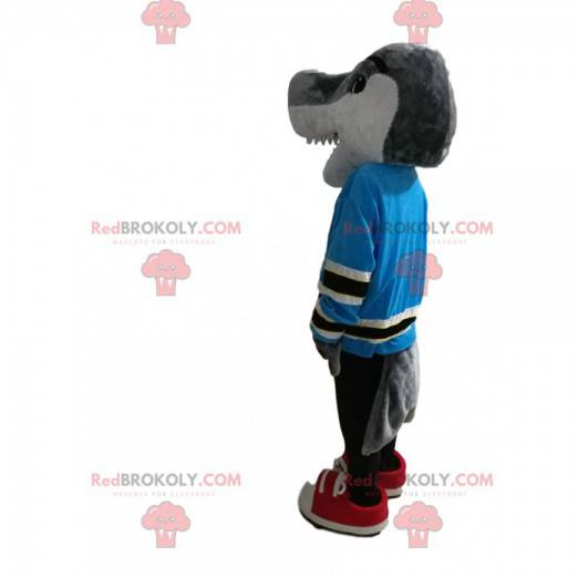 Mascot tiburón gris con una camiseta azul. Disfraz de tiburon -