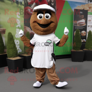 Brown Falafel mascot costume character dressed with a Polo Tee and Shoe clips