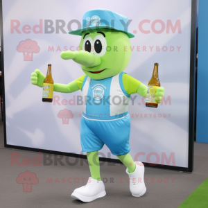 Sky Blue Green Beer mascot costume character dressed with a Running Shorts and Hat pins