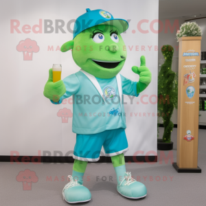 Sky Blue Green Beer mascot costume character dressed with a Running Shorts and Hat pins