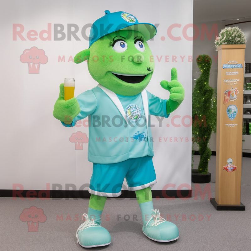Sky Blue Green Beer mascot costume character dressed with a Running Shorts and Hat pins Sky Blue Green Beer mascot costume character dressed with a Running Shorts and Hat pins
