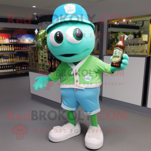 Sky Blue Green Beer mascot costume character dressed with a Running Shorts and Hat pins