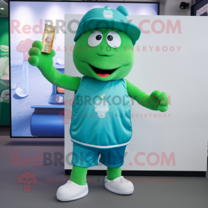 Sky Blue Green Beer mascot costume character dressed with a Running Shorts and Hat pins