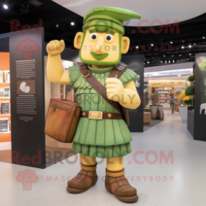 Olive Roman Soldier mascot costume character dressed with a Dress and Handbags