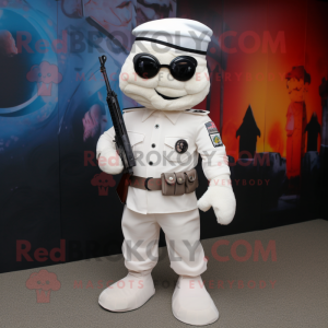 White Commando mascot costume character dressed with a Skirt and Tie pins