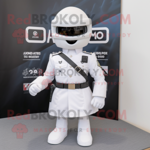White Commando mascot costume character dressed with a Skirt and Tie pins