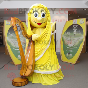 Lemon Yellow Celtic Harp mascot costume character dressed with a Skirt and Shawls