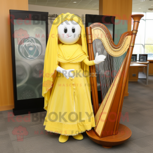 Lemon Yellow Celtic Harp mascot costume character dressed with a Skirt and Shawls