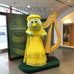 Lemon Yellow Celtic Harp mascot costume character dressed with a Skirt and Shawls