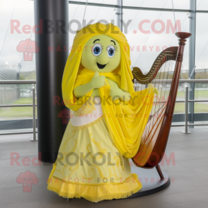 Lemon Yellow Celtic Harp mascot costume character dressed with a Skirt and Shawls