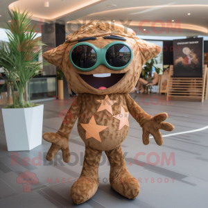 Brown Starfish mascot costume character dressed with a Playsuit and Sunglasses