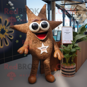 Brown Starfish mascot costume character dressed with a Playsuit and Sunglasses
