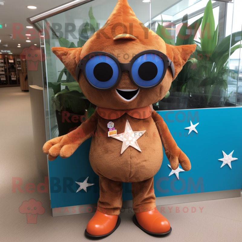 Brown Starfish mascot costume character dressed with a Playsuit and Sunglasses