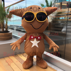 Brown Starfish mascot costume character dressed with a Playsuit and Sunglasses