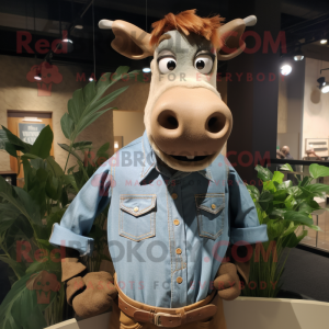 Brown Zebu mascot costume character dressed with a Chambray Shirt and Cufflinks