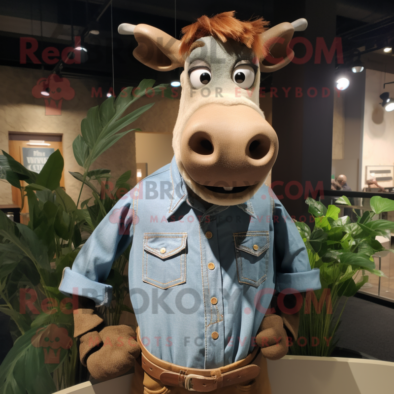 Brown Zebu mascot costume character dressed with a Chambray Shirt and Cufflinks Brown Zebu mascot costume character dressed with a Chambray Shirt and Cufflinks