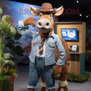 Brown Zebu mascot costume character dressed with a Chambray Shirt and Cufflinks