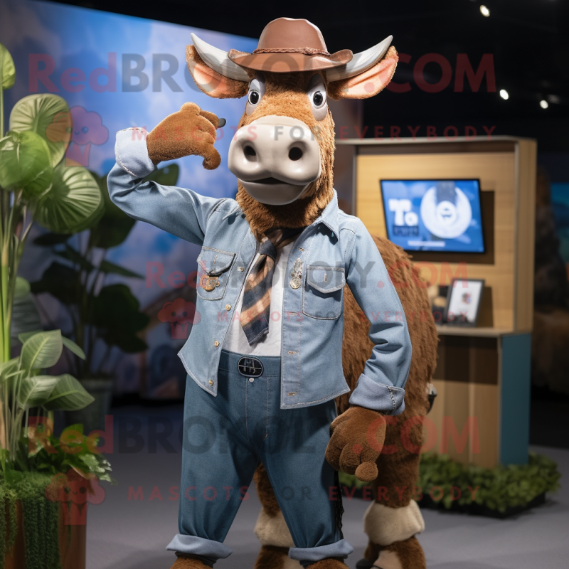 Brown Zebu mascot costume character dressed with a Chambray Shirt and Cufflinks Brown Zebu mascot costume character dressed with a Chambray Shirt and Cufflinks