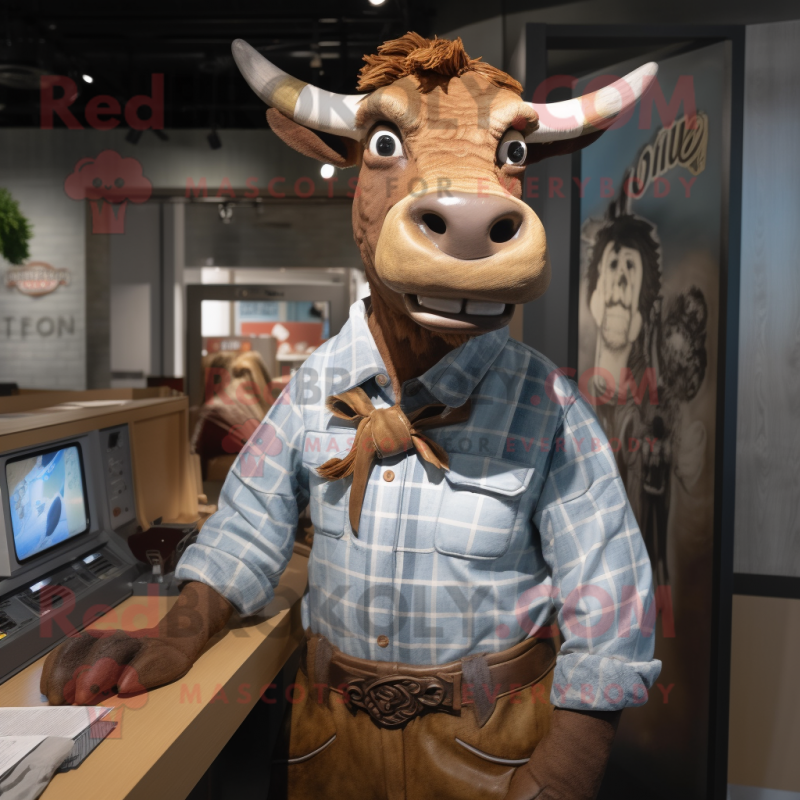 Brown Zebu mascot costume character dressed with a Chambray Shirt and Cufflinks