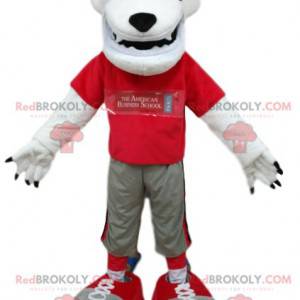 Mascotte dell'orso polare con una maglia rossa. Costume da orso