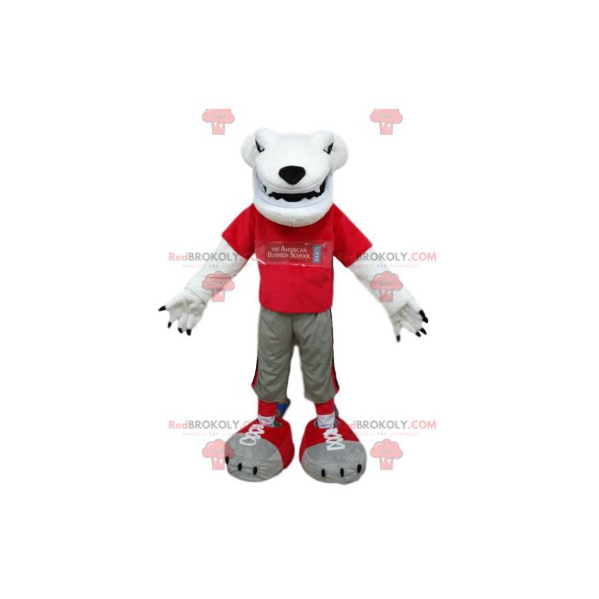 Mascote do urso polar com uma camisa vermelha. Fantasia de urso