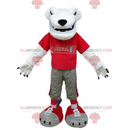 Mascotte d'ours blanc avec un maillot rouge. Costume d'ours -