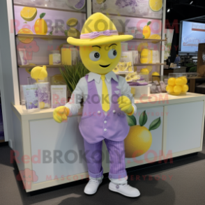 Lavender Lemon mascot costume character dressed with a Poplin Shirt and Coin purses