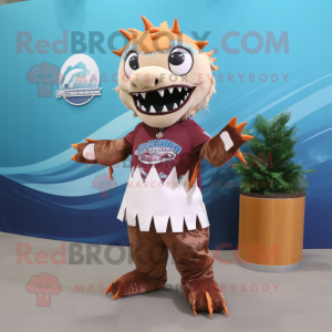 Brown Barracuda mascot costume character dressed with a Mini Dress and Scarves