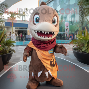 Brown Barracuda mascot costume character dressed with a Mini Dress and Scarves