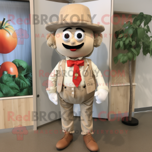 Beige Tomato mascot costume character dressed with a Chambray Shirt and Bow ties