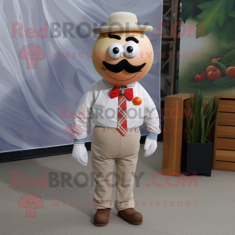 Beige Tomato mascot costume character dressed with a Chambray Shirt and Bow ties