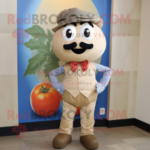 Beige Tomato mascot costume character dressed with a Chambray Shirt and Bow ties