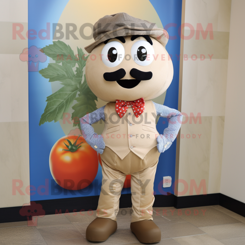 Beige Tomato mascot costume character dressed with a Chambray Shirt and Bow ties Beige Tomato mascot costume character dressed with a Chambray Shirt and Bow ties