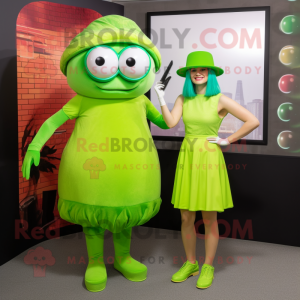 Lime Green Cyclops mascot costume character dressed with a Midi Dress and Berets