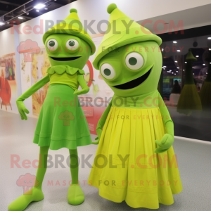 Lime Green Cyclops mascot costume character dressed with a Midi Dress and Berets