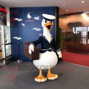 Navy Swan mascot costume character dressed with a Dress and Briefcases