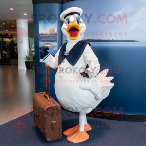 Navy Swan mascot costume character dressed with a Dress and Briefcases