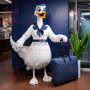 Navy Swan mascot costume character dressed with a Dress and Briefcases