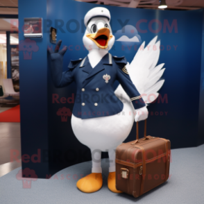 Navy Swan mascot costume character dressed with a Dress and Briefcases