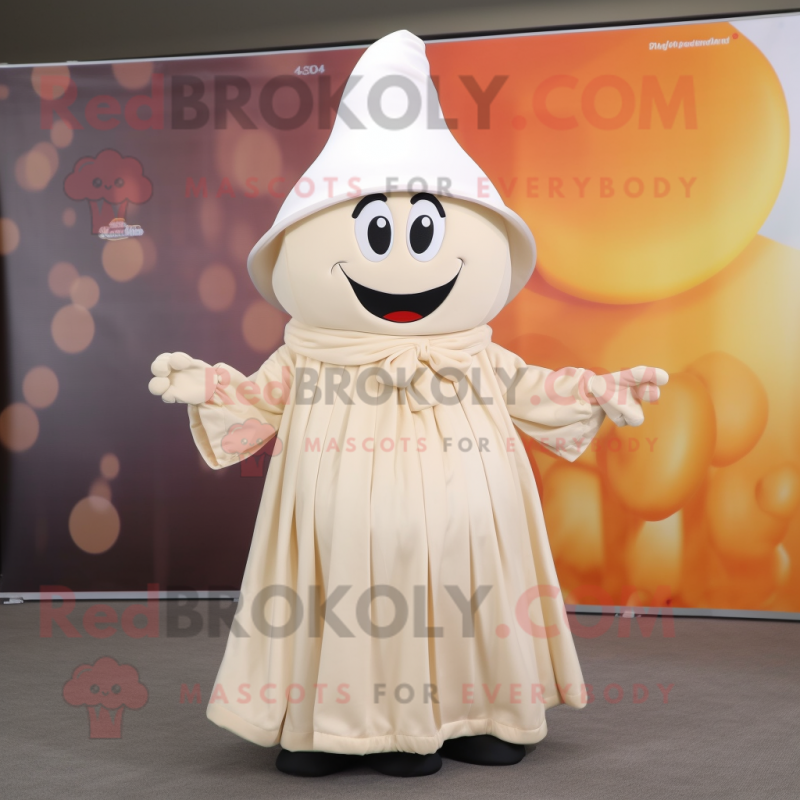 Cream Pepper mascot costume character dressed with a Pleated Skirt and Hat pins