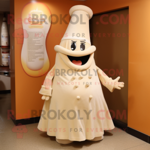 Cream Pepper mascot costume character dressed with a Pleated Skirt and Hat pins
