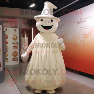 Cream Pepper mascot costume character dressed with a Pleated Skirt and Hat pins