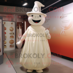 Cream Pepper mascot costume character dressed with a Pleated Skirt and Hat pins