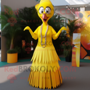 Yellow Stilt Walker mascot costume character dressed with a Maxi Skirt and Necklaces